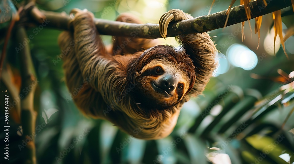 Lazy sloth hanging from tropical tree branch: A sloth lazily hangs upside down from a branch in a tropical forest, its slow movements and serene expression embodying the essence of relaxation. Lazy sloth hanging from tropical tree branch: A sloth lazily hangs upside down from a branch in a tropical forest, its slow movements and serene expression embodying the essence of relaxation.
