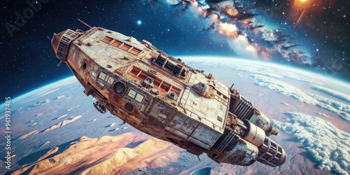 Fototapeta Naklejka Na Ścianę i Meble -  Abandoned spaceship drifting in outer space , spaceship, abandoned, space, darkness, empty, alone, vast