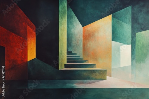 Abstract Painting of a Staircase in a Geometric Room with Colorful Walls