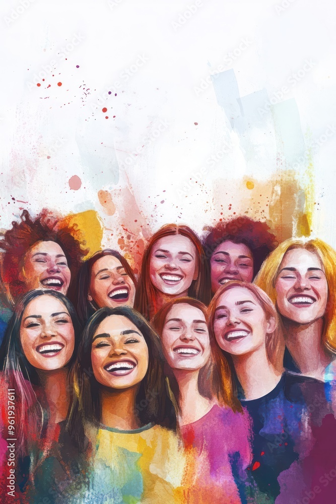Lively watercolor of eight women smiling with joy, color Lively watercolor of eight women smiling with joy, color