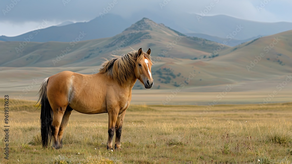 Fototapeta premium Majestic Przewalski's horse on Mongolian steppes: A majestic Przewalski's horse stands proudly on the vast Mongolian steppes, its wild mane blowing in the wind as it gazes out over the rugged