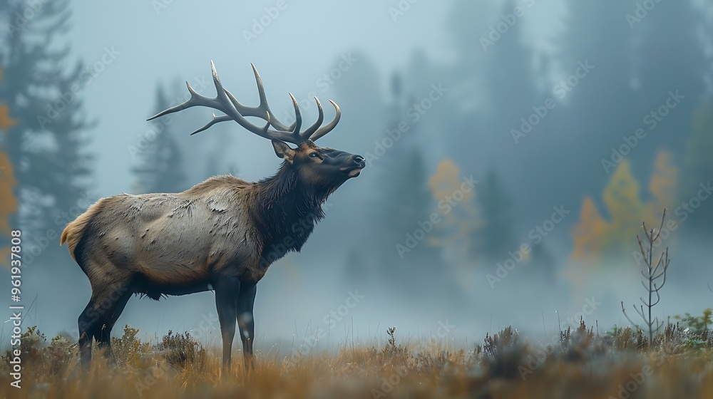 Majestic elk bugling in misty mountain meadow: A majestic elk stands tall in a misty mountain meadow, its powerful bugle echoing through the early morning air, calling out to its herd. Majestic elk bugling in misty mountain meadow: A majestic elk stands tall in a misty mountain meadow, its powerful bugle echoing through the early morning air, calling out to its herd.