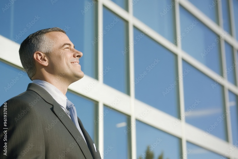 A man in a suit is smiling and looking out the window of a building A man in a suit is smiling and looking out the window of a building