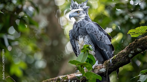 Majestic harpy eagle perched in rainforest canopy: A majestic harpy eagle perches high in the rainforest canopy, its sharp talons and piercing gaze marking it as one of the most powerful birds  photo