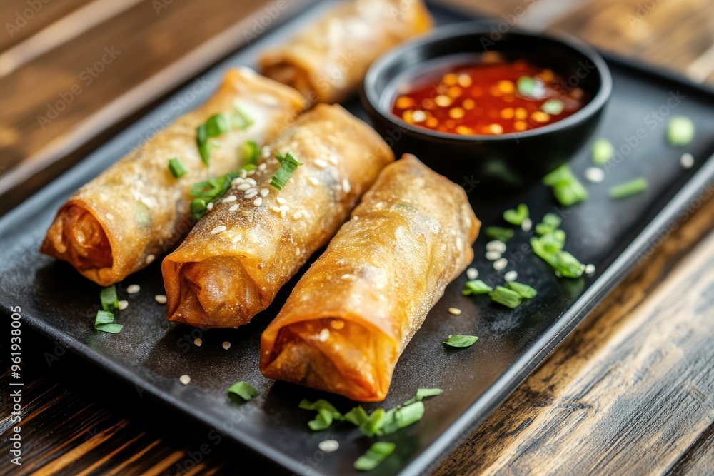 Spring rolls with sweet chili sauce on a modern black plate placed on a wooden surface Spring rolls with sweet chili sauce on a modern black plate placed on a wooden surface