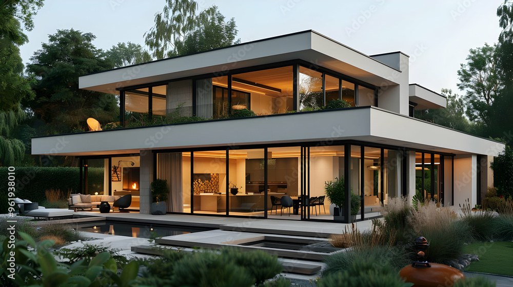 Fototapeta premium Modern House with Pool and Garden - 3D Illustration