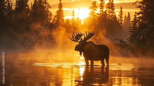 Majestic moose standing in misty lake at dawn: A majestic moose stands knee-deep in a misty lake at dawn, its large antlers silhouetted against the rising sun, creating a scene of quiet grandeur.  photo