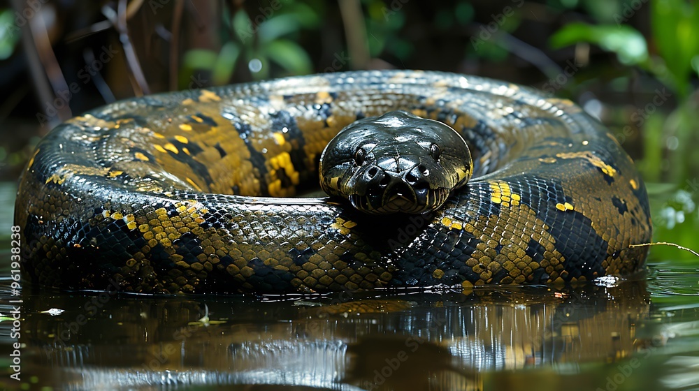 Massive anaconda coiled on riverbank, rainforest: A massive anaconda ...