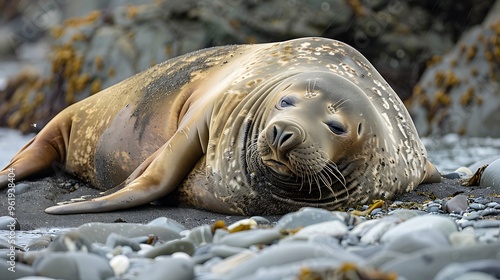 Massive elephant seal lounging on rocky shore: A massive elephant seal lounges lazily on a rocky shore, its blubbery body soaking up the sun as it rests after a long swim.  photo