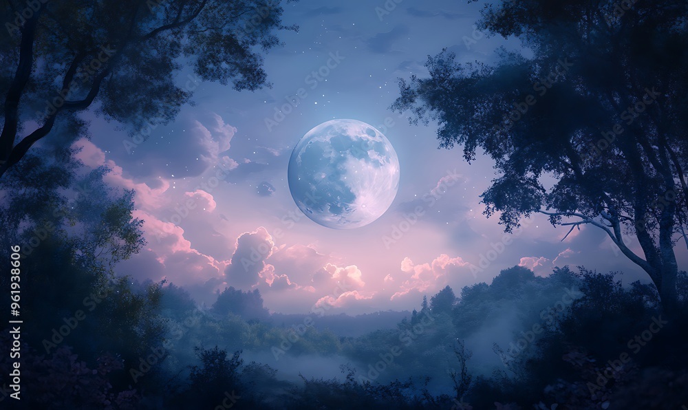 Fototapeta premium Full Moon Rising Over Misty Forest at Night