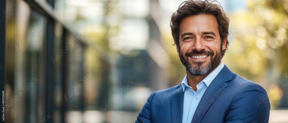 Obraz premium A man in a blue suit is smiling and posing for a photo