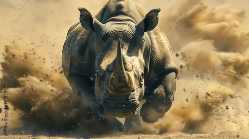 Mighty rhinoceros charging through dusty plains: A mighty rhinoceros charges across the dusty plains, its massive body and sharp horn creating a powerful image of strength and determination.  photo