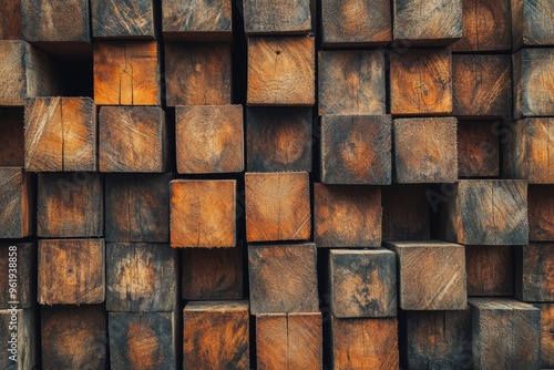 Stacked rectangular wooden beams at sawmill yard