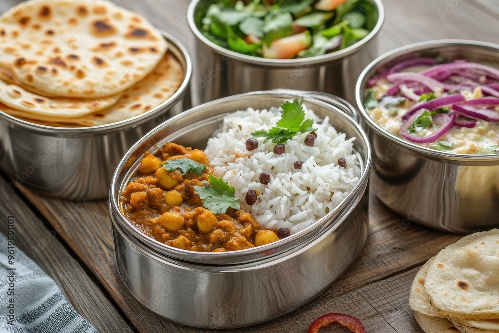 Stainless steel Indian vegetarian lunch box for office with Dal Fry Chole Masala rice chapati and salad Stainless steel Indian vegetarian lunch box for office with Dal Fry Chole Masala rice chapati and salad