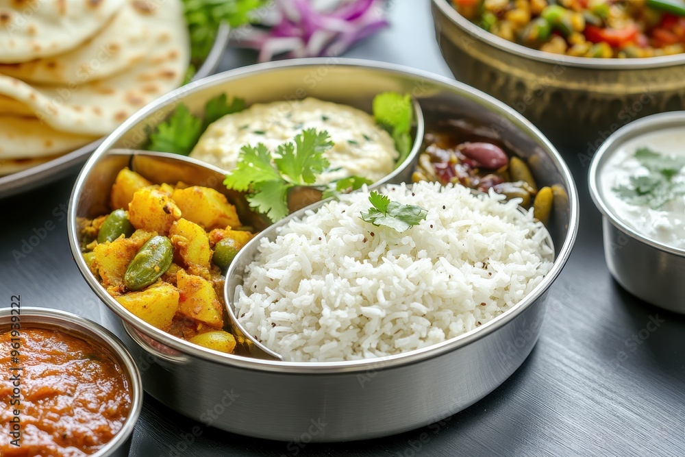 Stainless steel lunch box with Maharashtrian menu Chapati or Roti Plain Dal White Rice Potato sabji salad and pickle Stainless steel lunch box with Maharashtrian menu Chapati or Roti Plain Dal White Rice Potato sabji salad and pickle