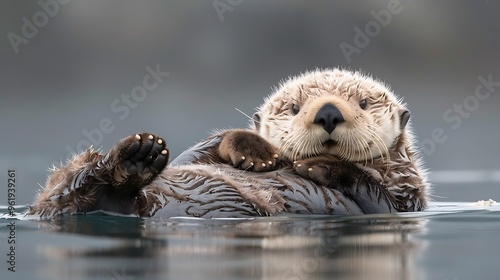 Playful sea otter floating on back, cracking shellfish: A sea otter floats on its back in calm waters, using a rock to crack open a shellfish, its playful nature evident as it enjoys its meal. 