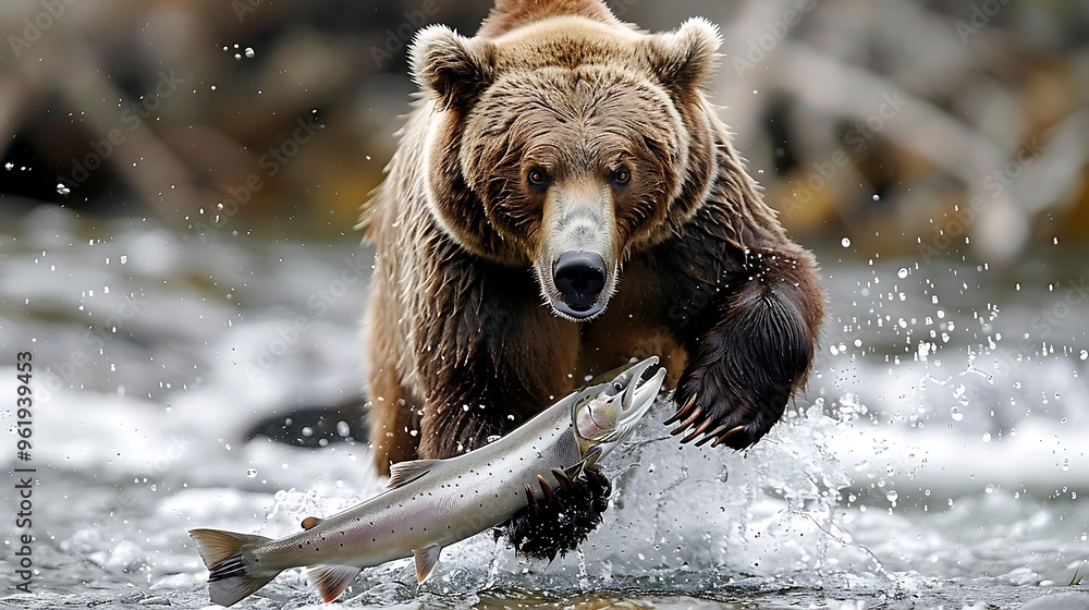 Powerful grizzly bear catching salmon in river: A grizzly bear stands ...