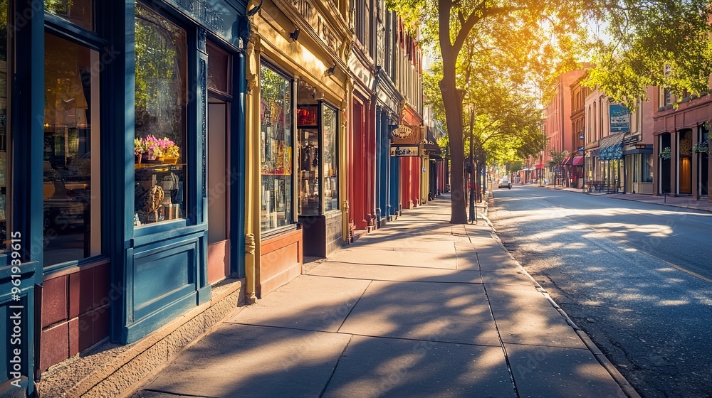 Fototapeta premium Charming street with shops and warm sunlight.
