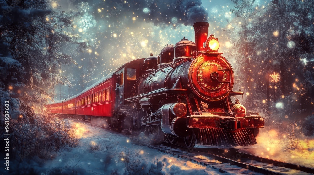 Santa's Christmas train in snow winter , the watercolour background. Santa's Christmas train in snow winter , the watercolour background.