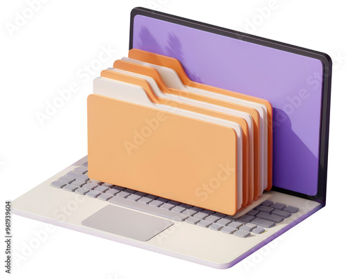 File folder on laptop screen, data storage concept, PNG transparent background.