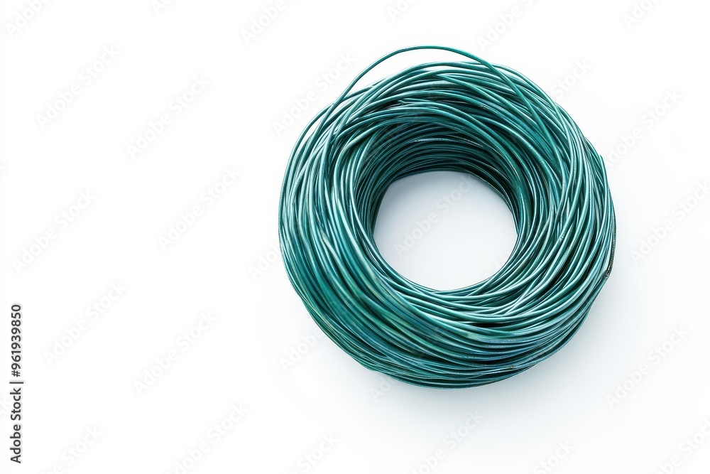 Steel wire circle roll wrapped in dark green plastic top view with white background and clipping path versatile for various uses Steel wire circle roll wrapped in dark green plastic top view with white background and clipping path versatile for various uses
