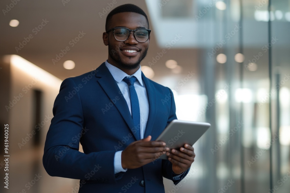 A man in a suit and glasses is smiling and holding a tablet A man in a suit and glasses is smiling and holding a tablet