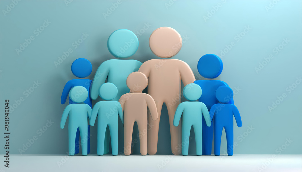 Colorful 3D figures representing diverse groups of people standing together, symbolizing community and teamwork in a modern design. Colorful 3D figures representing diverse groups of people standing together, symbolizing community and teamwork in a modern design.