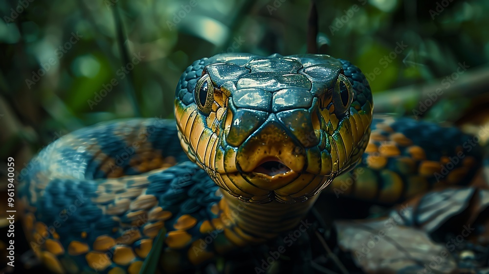 Regal king cobra poised to strike, jungle setting: A regal king cobra stands poised to strike in the dense jungle, its hood flared and eyes locked onto its target, a symbol of deadly beauty Regal king cobra poised to strike, jungle setting: A regal king cobra stands poised to strike in the dense jungle, its hood flared and eyes locked onto its target, a symbol of deadly beauty