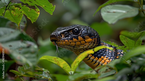 Regal king cobra poised to strike, jungle setting: A regal king cobra stands poised to strike in the dense jungle, its hood flared and eyes locked onto its target, a symbol of deadly beauty  photo