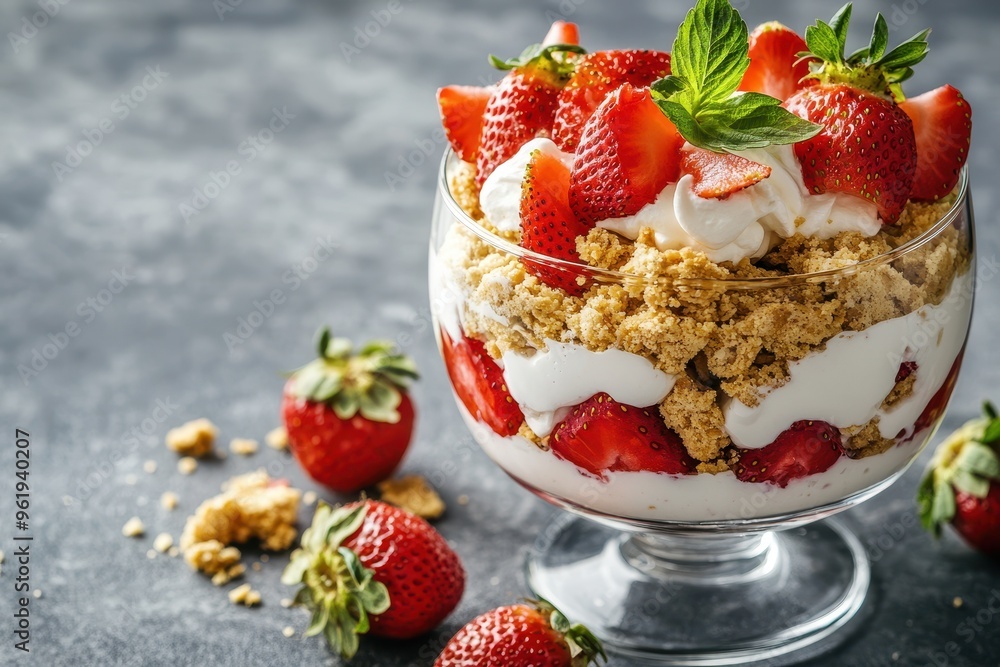 Strawberry trifle with shortbread crumbs yogurt cream and strawberries Delicious summer dessert with selective focus Strawberry trifle with shortbread crumbs yogurt cream and strawberries Delicious summer dessert with selective focus