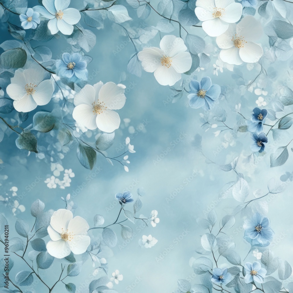 Blue and White Floral Arrangement on a Light Blue Background Blue and White Floral Arrangement on a Light Blue Background