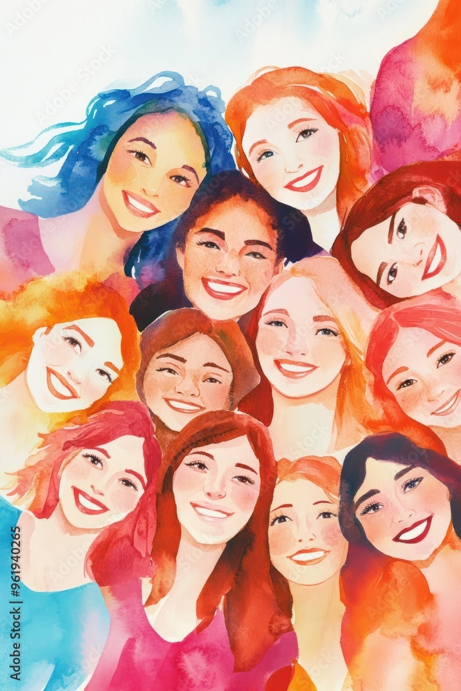 Obraz premium Group of eleven smiling women with vibrant, colorful art