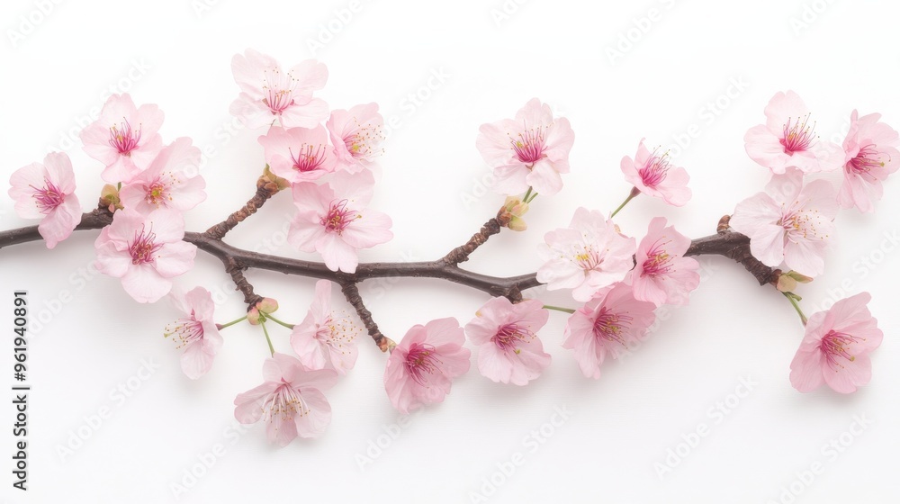 Pink Cherry Blossoms Branch on White Background. Pink Cherry Blossoms Branch on White Background.