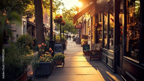 Charming street with shops and flowers at sunset.