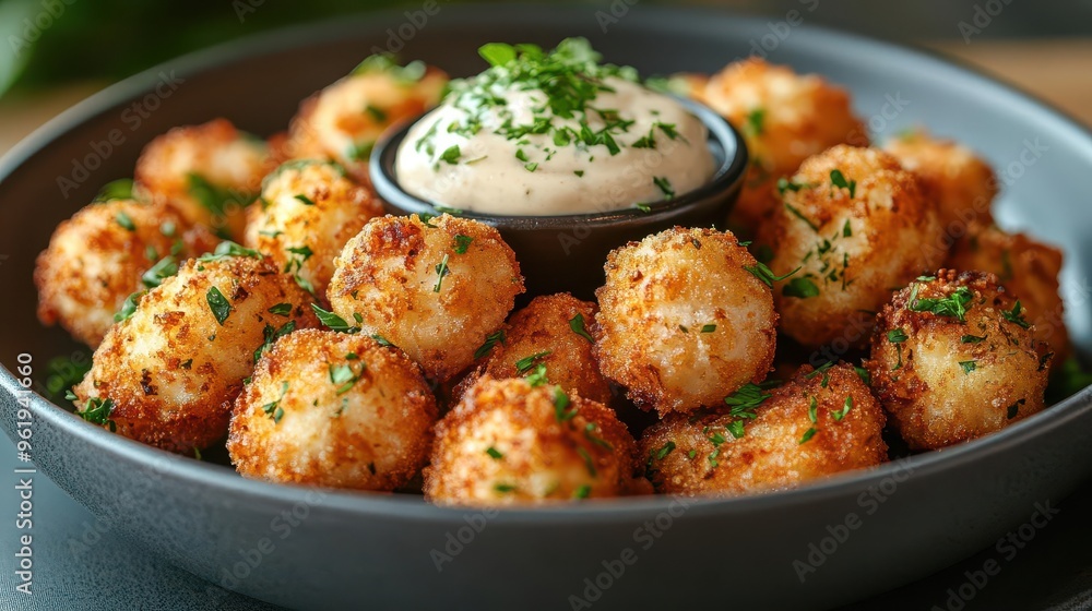 closeup of golden crispy deepfried mushrooms with a dollop of creamy dipping sauce rich textures and warm colors emphasize the indulgent comforting nature of the dish closeup of golden crispy deepfried mushrooms with a dollop of creamy dipping sauce rich textures and warm colors emphasize the indulgent comforting nature of the dish