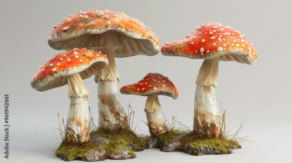 A close-up of realistic fly agaric mushrooms, showcasing their red caps with white spots. The clean, light background highlights the fungi A close-up of realistic fly agaric mushrooms, showcasing their red caps with white spots. The clean, light background highlights the fungi