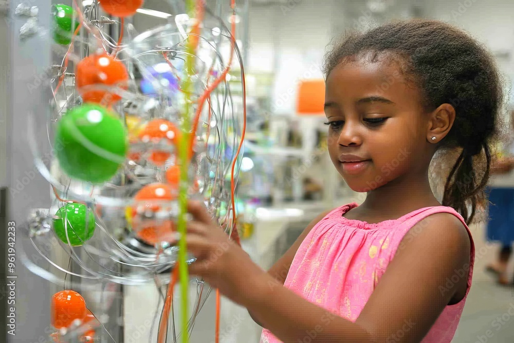 Detailed view of a black girl looking at a science exhibit Detailed view of a black girl looking at a science exhibit