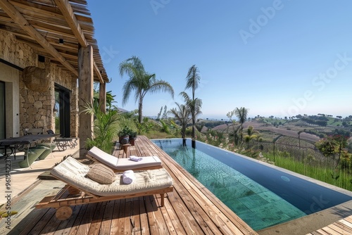 Wooden deck with sunbeds next to outdoor pool in modern villa garden, surrounded by palm trees and grass, blue sky, hills in background. photo