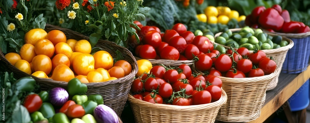 Vibrant Farmer s Market Stall Showcasing Fresh Organic Produce in Rustic Baskets Vibrant Farmer s Market Stall Showcasing Fresh Organic Produce in Rustic Baskets