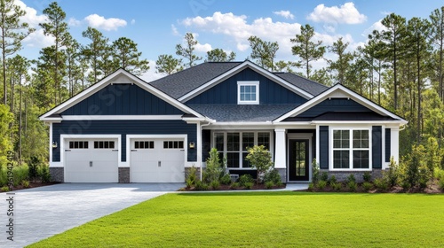 Blue House with a White Trim and a Green Lawn
