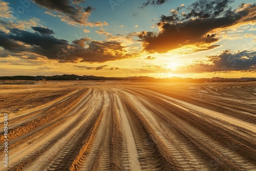 Sunset sky background with wheel tracks on sand at motocross and auto sport track photo