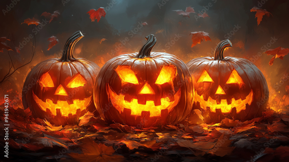 Happy Halloween banner or party invitation background with clouds, bats and pumpkins in paper cut style. Vector illustration. Full moon in orange sky, spiders web and witch cauldron. Place for text Happy Halloween banner or party invitation background with clouds, bats and pumpkins in paper cut style. Vector illustration. Full moon in orange sky, spiders web and witch cauldron. Place for text