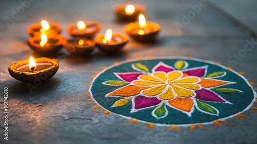 Colorful rangoli design on a doorstep, surrounded by flickering diyas during Diwali