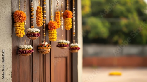 Decorative Diwali torans made of flowers and beads hanging above a door, welcoming prosperity photo