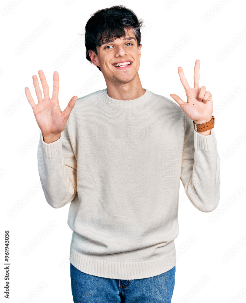 Handsome hipster young man wearing casual winter sweater showing and pointing up with fingers number eight while smiling confident and happy. Handsome hipster young man wearing casual winter sweater showing and pointing up with fingers number eight while smiling confident and happy.
