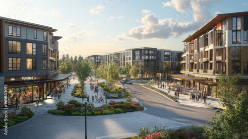 Modern Urban Development with Shops and Restaurants.
