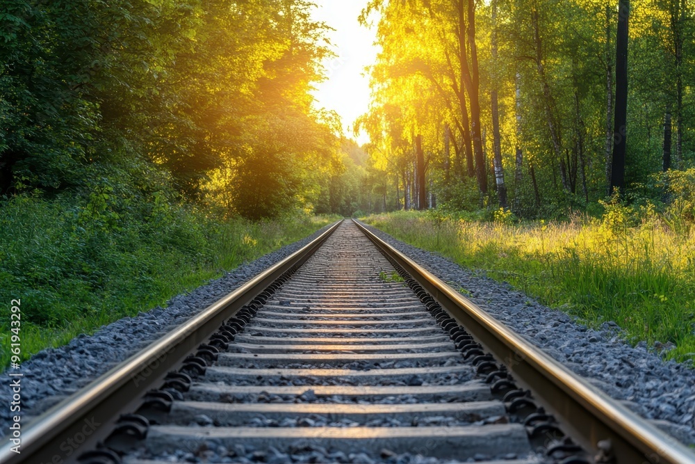 Sunset view of railway tracks lined with green trees in summer Sunset view of railway tracks lined with green trees in summer