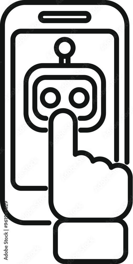 Simple, modern icon of a hand pressing a button on a smartphone screen to communicate with a chatbot Simple, modern icon of a hand pressing a button on a smartphone screen to communicate with a chatbot