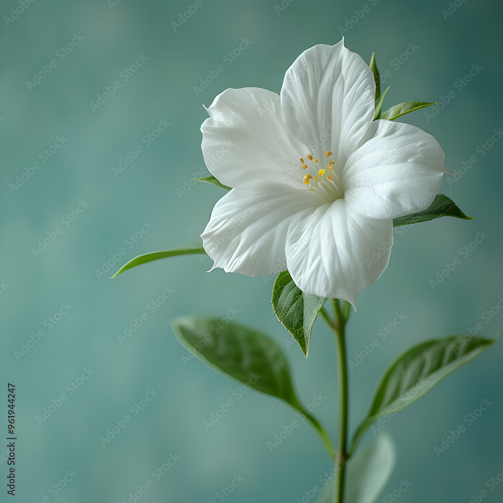 Obraz premium Single White Flower with Green Leaves - Illustration