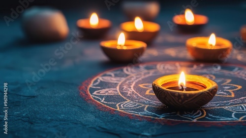 Intricate rangoli patterns lit by tea lights, creating a vibrant and glowing Diwali display photo